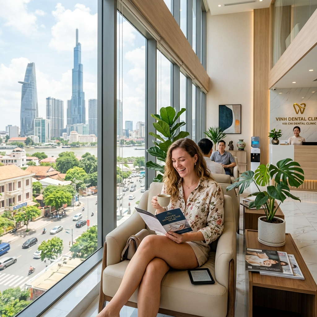 Happy dental tourist in a premium clinic in Vietnam