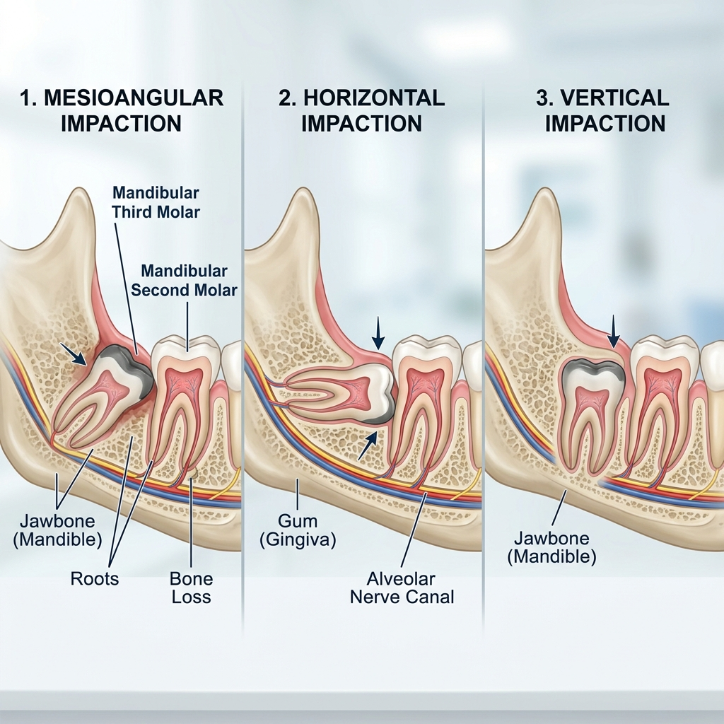 Types of wisdom tooth impaction: Mesioangular, Horizontal, Vertical