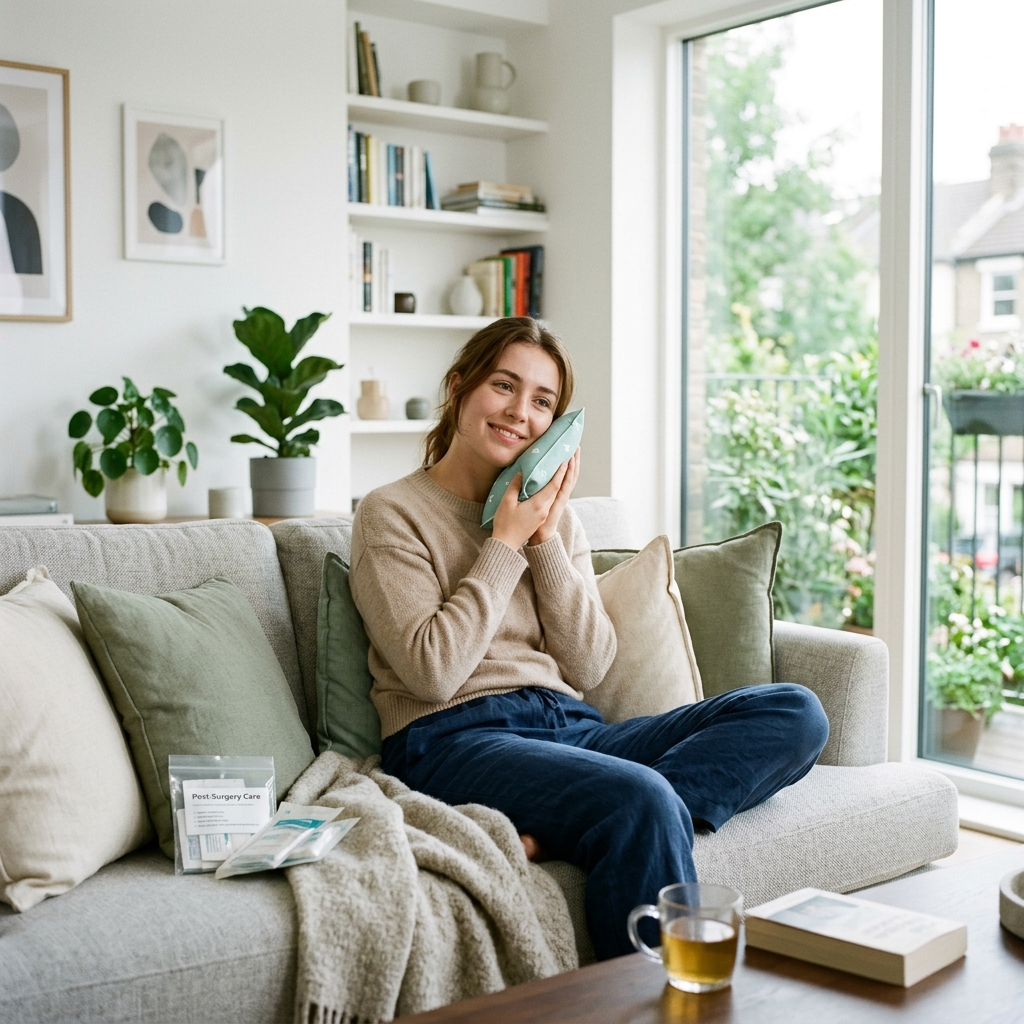 Patient relaxing at home with a cold compress after wisdom tooth extraction