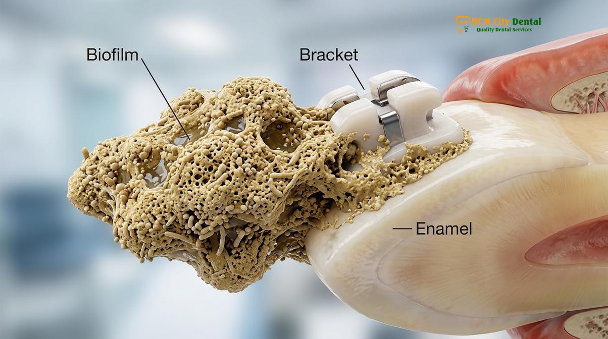 Clinical photography related to Yellow Stains Around Braces Brackets Prevention