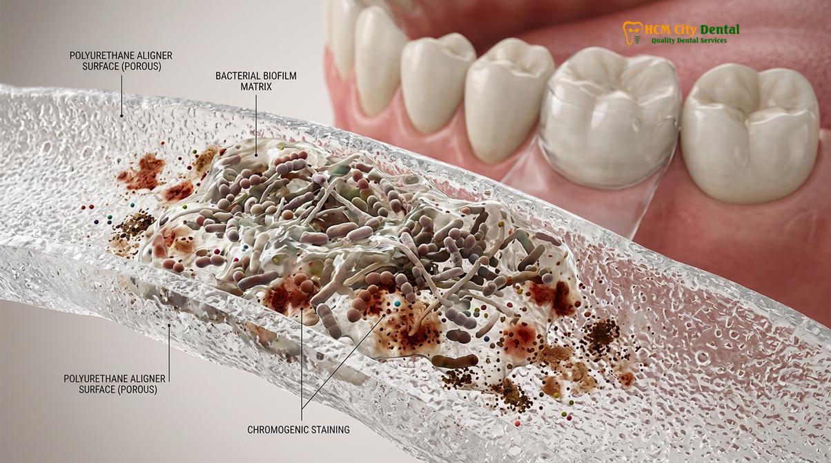 Visual illustration of yellow stains on clear retainer