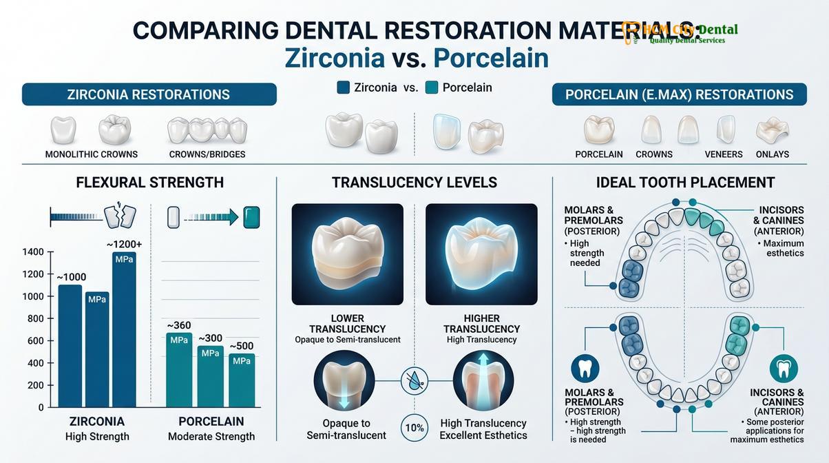Visual illustration of zirconia crown vs porcelain crown