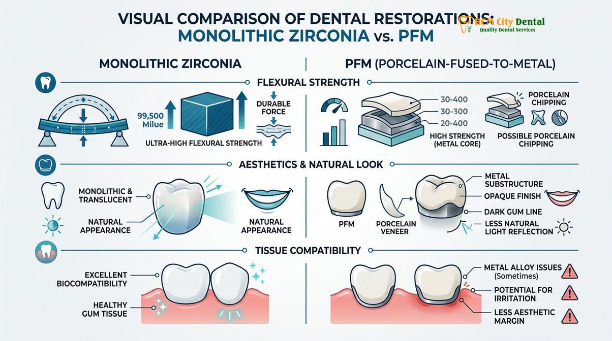 Summary diagram of monolithic zirconia vs pfm