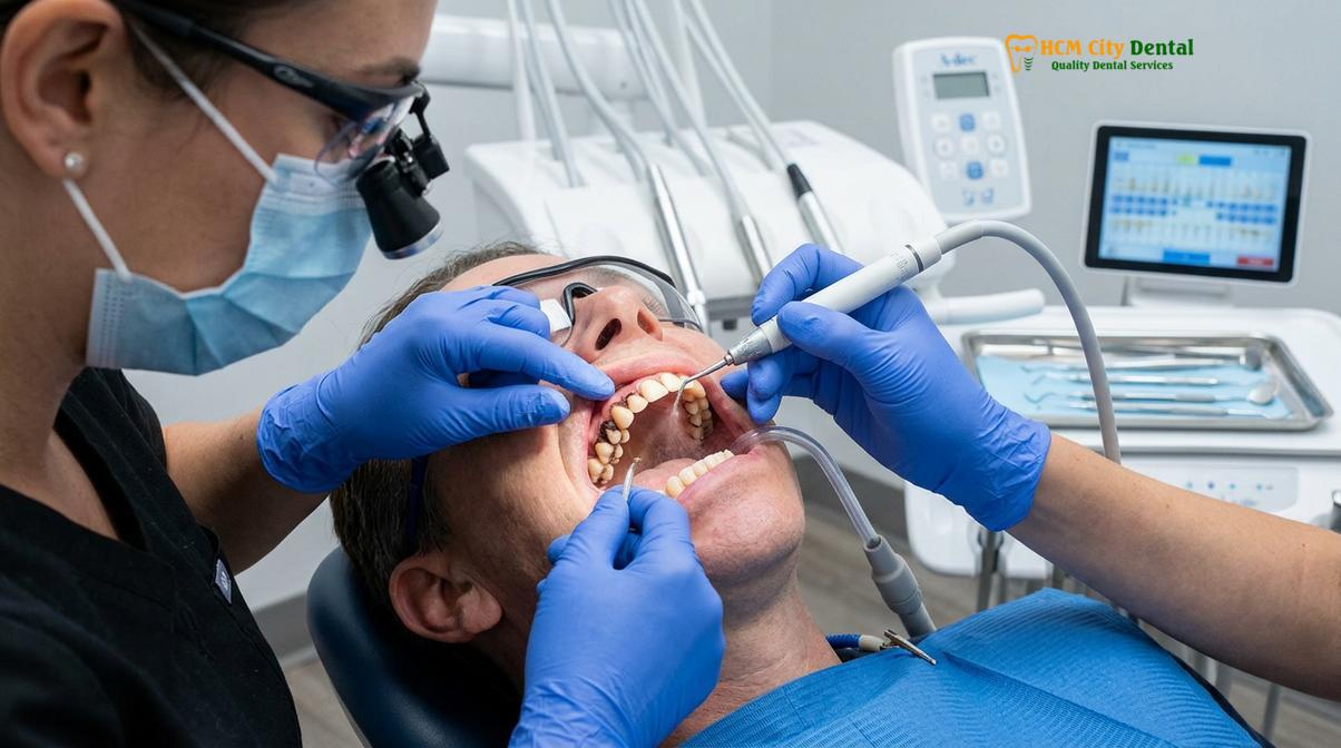Professional teeth cleaning using ultrasonic scaling.
