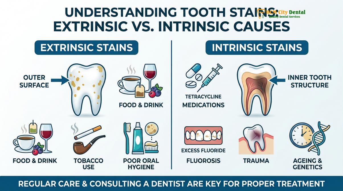 Visual summary of extrinsic and intrinsic discoloration causes.