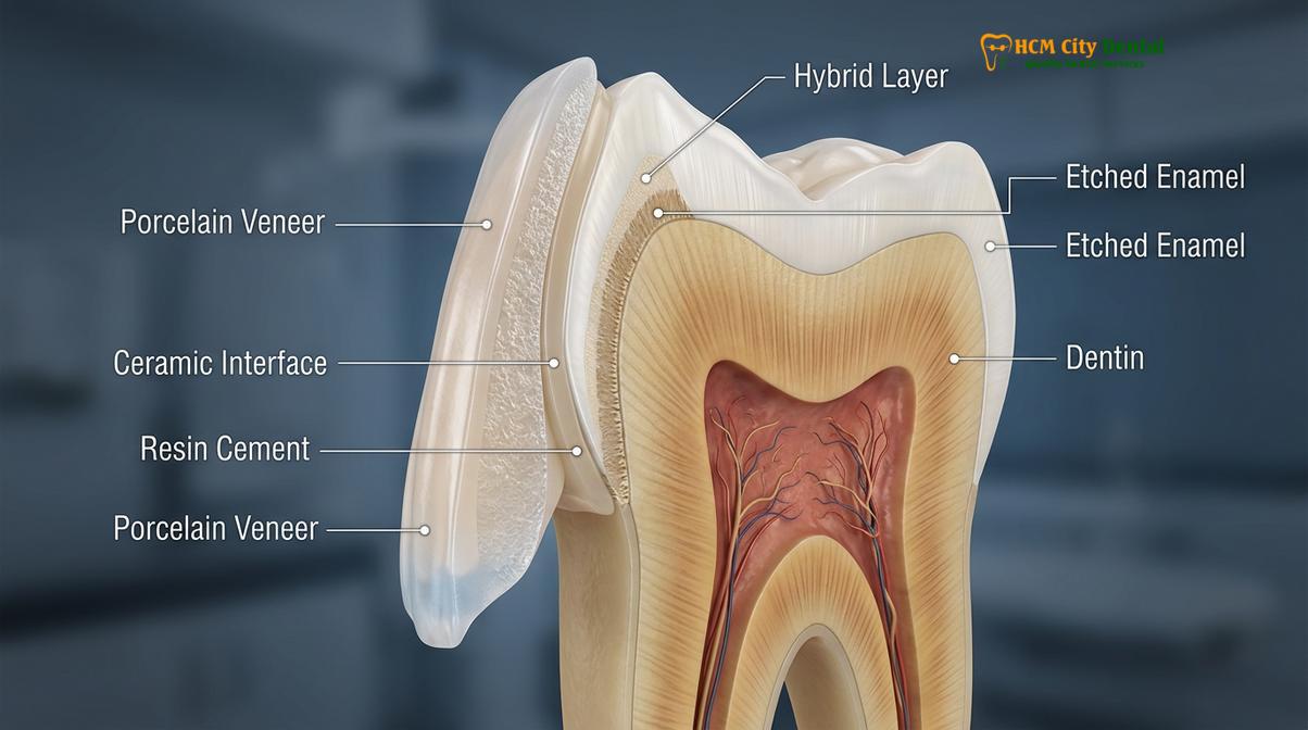 Step by step dental veneer adhesive application on tooth surface