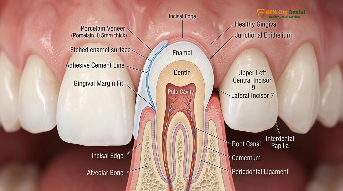 Cross-sectional anatomy of veneer safety enamel and marginal gingival adaptation.