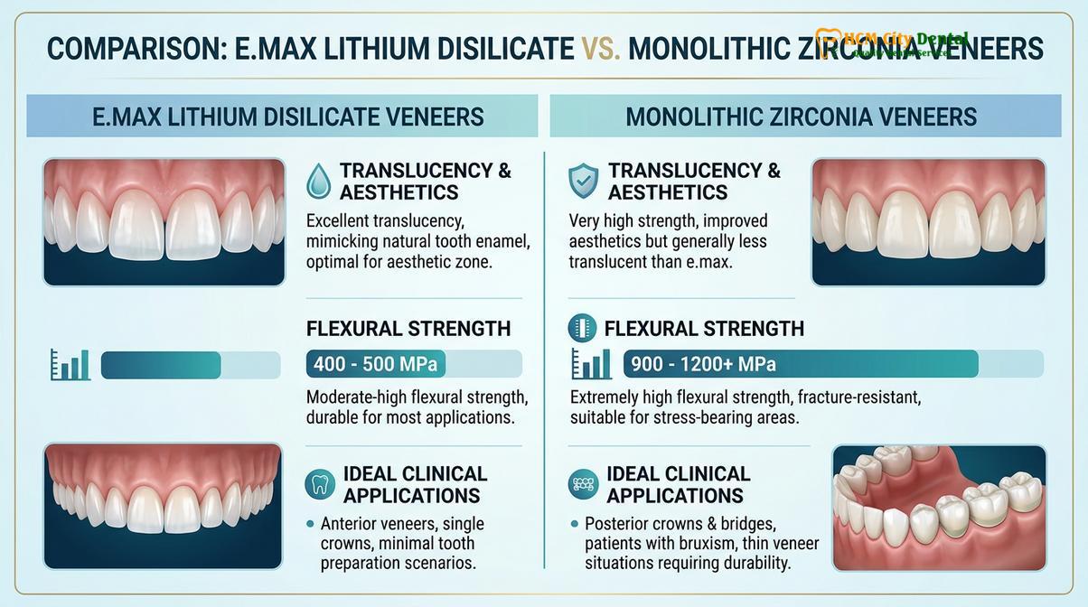 Comparison chart of e.max and zirconia ceramic materials for cosmetic dentistry.