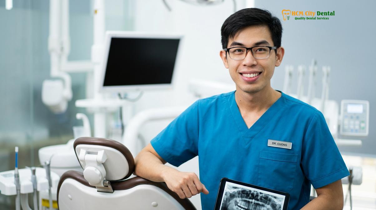 Dr. Nguyen Van Cuong providing cosmetic dentistry consultations at HCMC Dental Clinic.