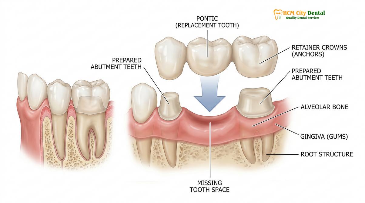Anatomical illustration of a fixed bridge anchored to adjacent abutment teeth.