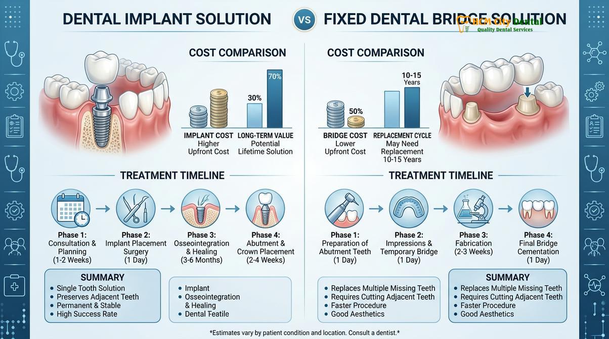 Visual summary of treatment timelines and cost factors for restorative dentistry.