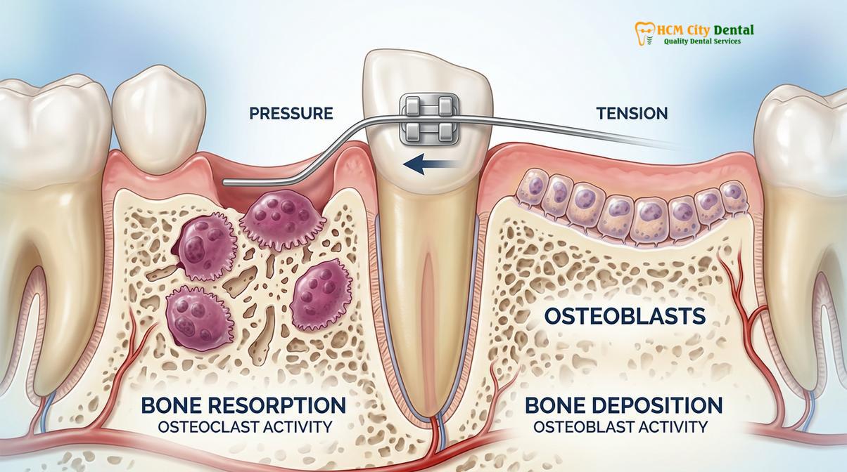 Biological process of alveolar bone remodeling during orthodontic movement
