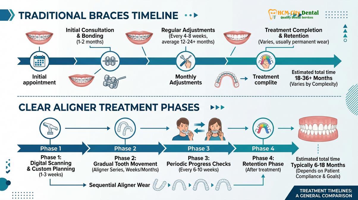 Visual summary comparing traditional braces and clear aligner timelines
