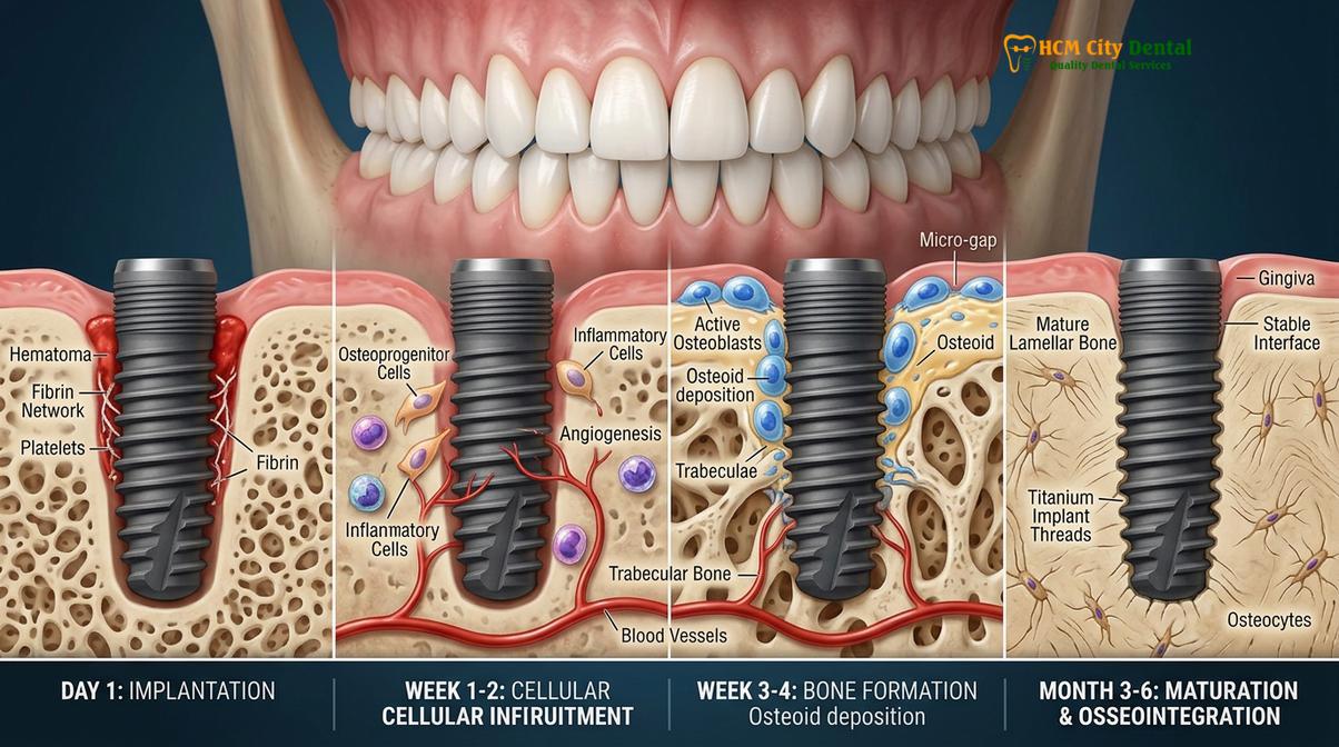 Cellular illustration of osteoblasts integrating with a titanium implant surface.