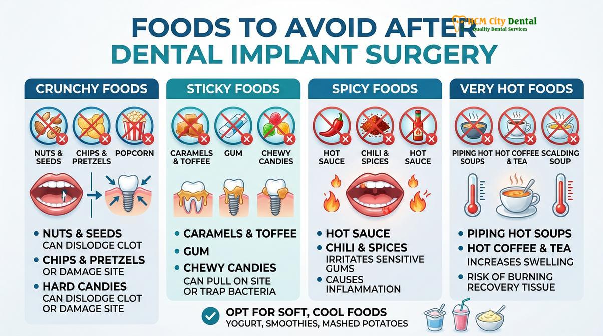 Visual summary of dietary restrictions to protect healing dental implants.