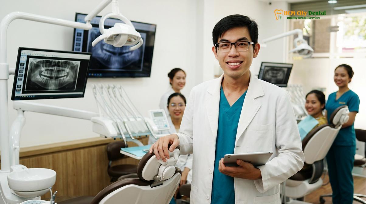 Dr. Nguyen Van Cuong providing expert clinical consultations at HCMC Dental Clinic.