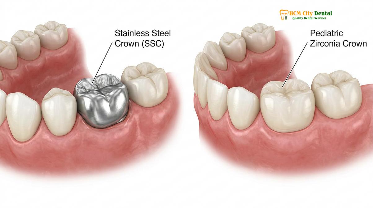 Visual comparison between stainless steel and zirconia pediatric crowns