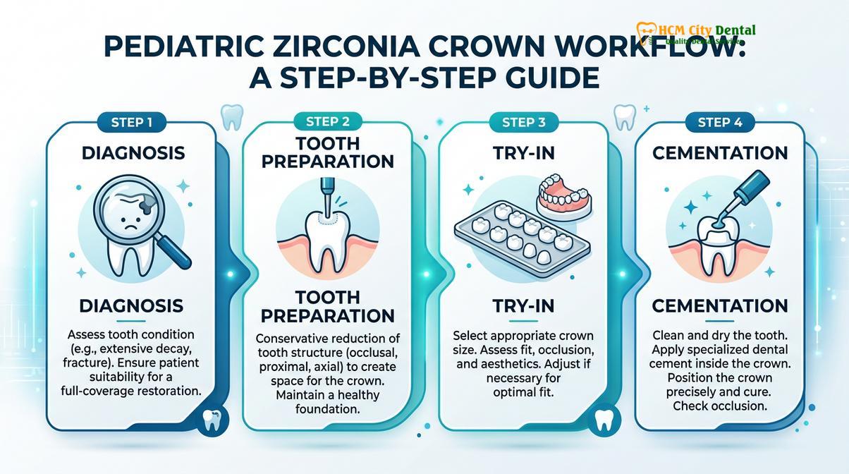 Step-by-step workflow for pediatric zirconia crown procedures