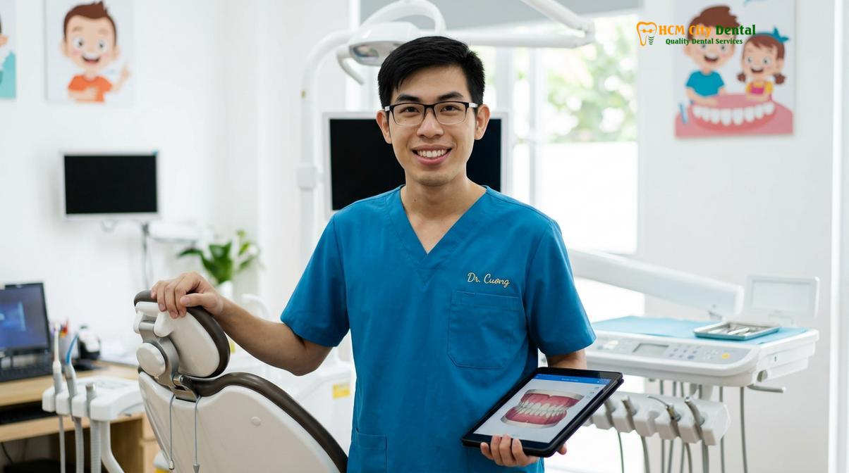Dr. Nguyen Van Cuong providing expert pediatric dental care at HCMC Dental Clinic