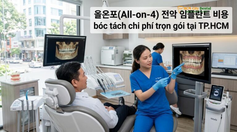 올온포(All-on-4) 전악 임플란트 비용 bóc tách chi phí trọn gói tại TP.HCM — 닥터 끄엉 원장 | HCMC Dental