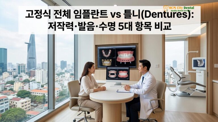 고정식 전체 임플란트 vs 틀니(Dentures): 저작력·발음·수명 5대 항목 비교 — 닥터 끄엉 원장 | HCMC Dental