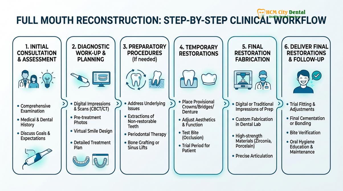 Clinical workflow and timeline for comprehensive full mouth reconstruction.