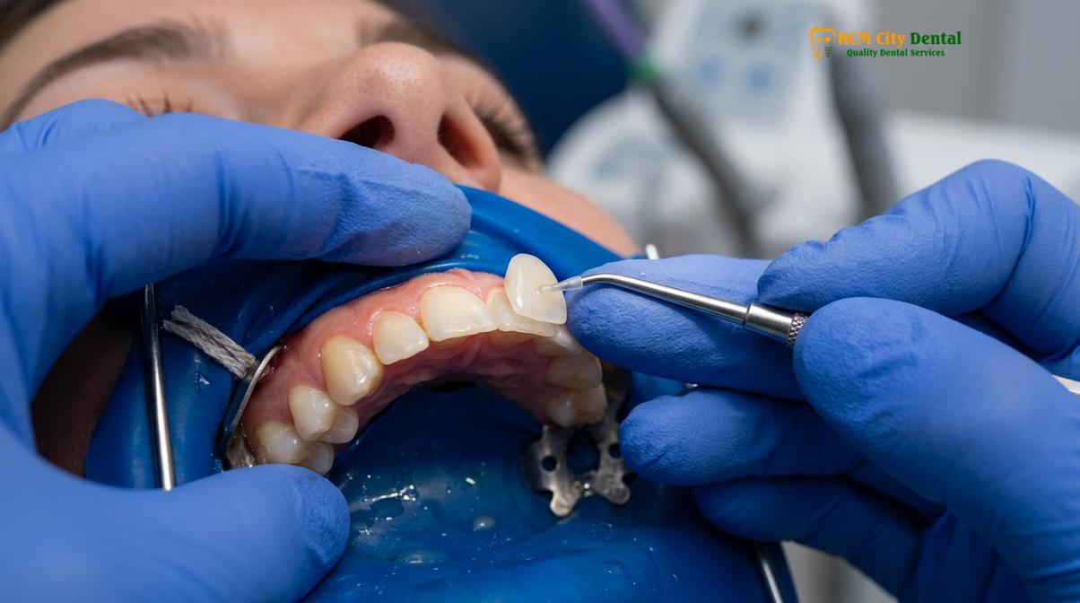 Precision bonding of an IPS E.max porcelain veneer requires meticulous isolation and technique.