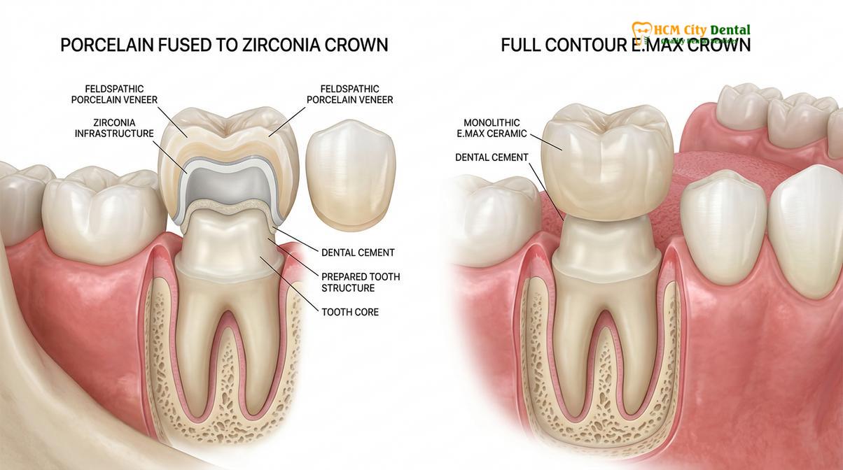 Cross-sectional comparison of modern ceramic crown materials.