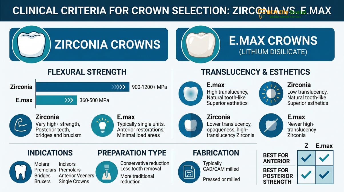 Clinical criteria for selecting the optimal dental crown material.