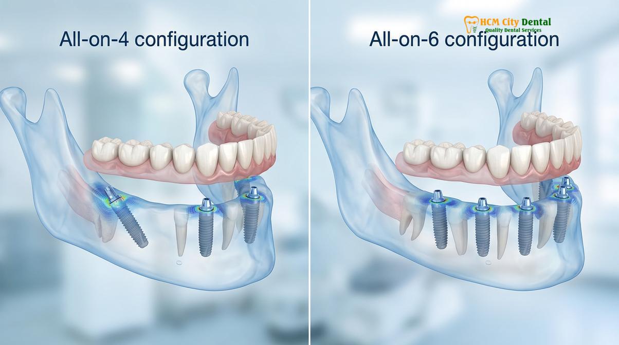 Biomechanical distribution of forces in All-on-4 versus All-on-6 full-arch rehabilitations.