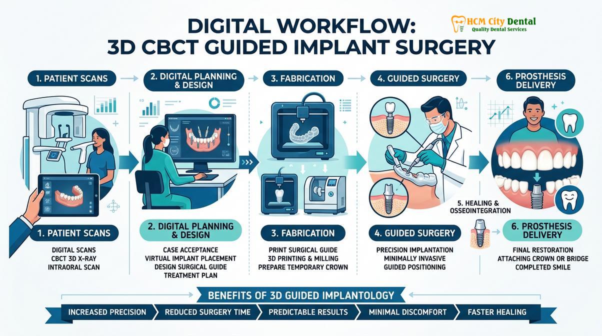 The digital implant workflow utilizing 3D CBCT imaging and computer-guided surgery.