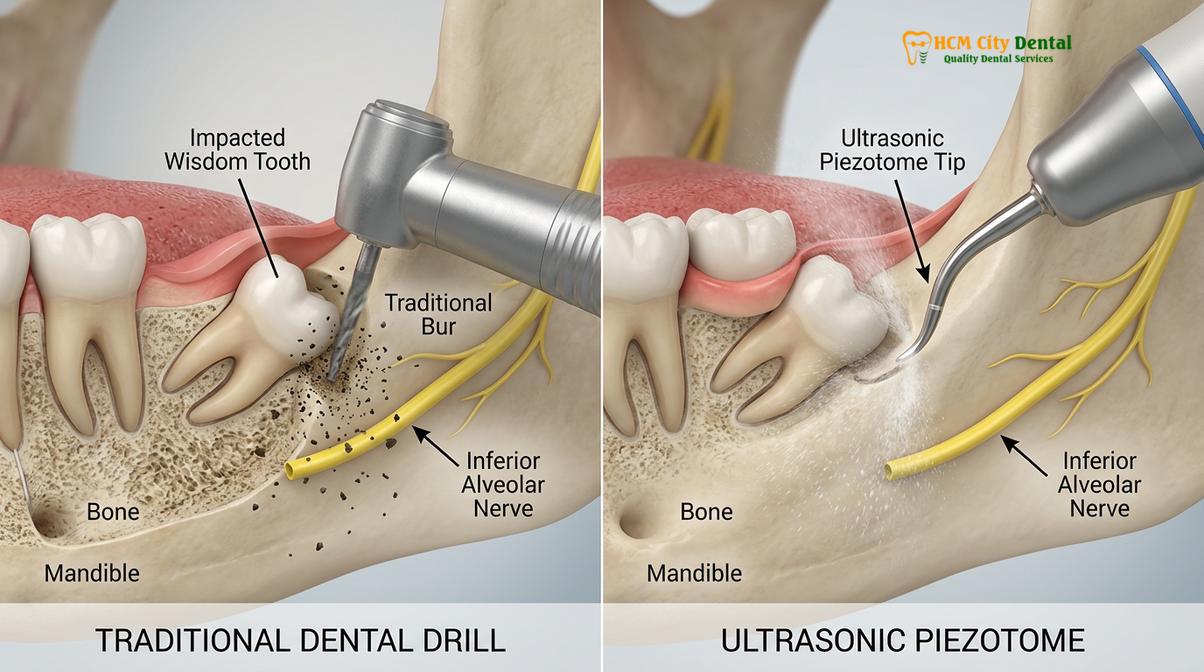 Piezotome ultrasonic technology preserves soft tissue and nerves during wisdom tooth removal.