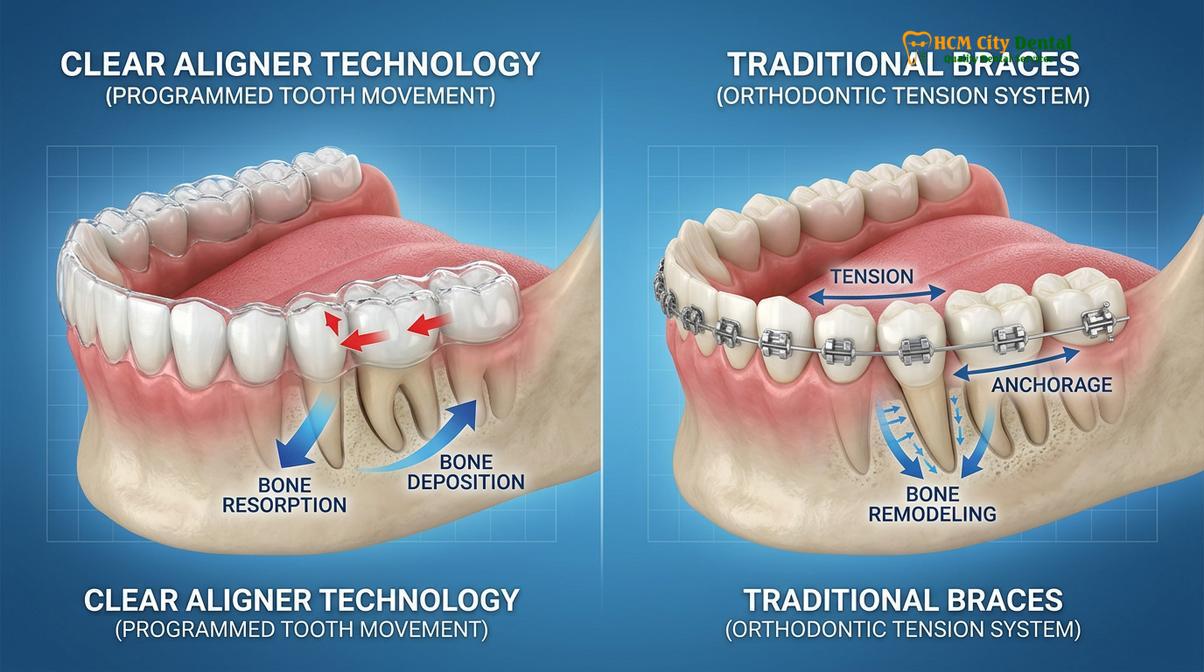 Biomechanical comparison of clear aligner therapy versus traditional bracket systems.