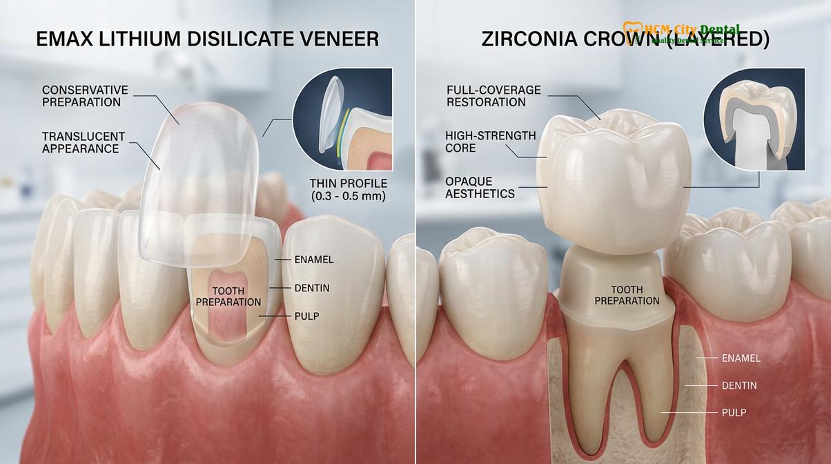 Structural and aesthetic comparison between Emax lithium disilicate and Zirconia restorations.