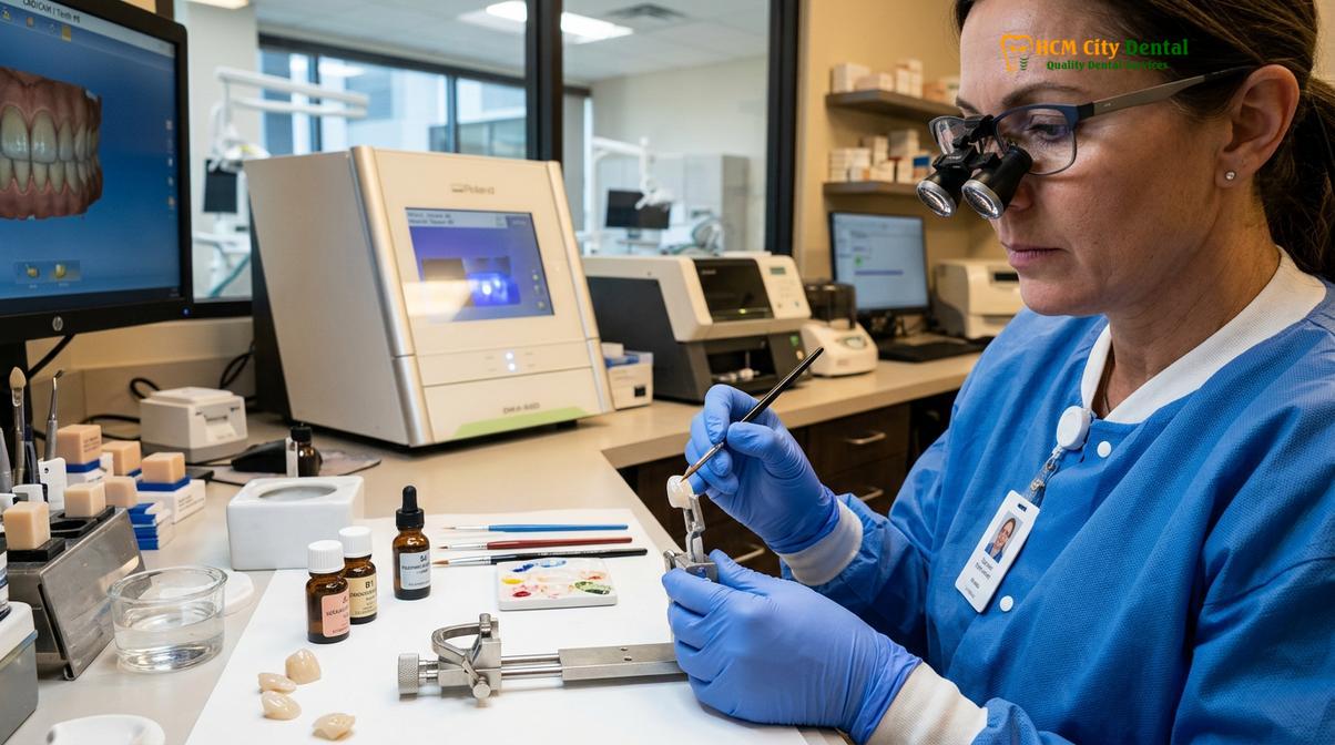 In-house master ceramist applying custom characterization to an IPS e.max veneer.