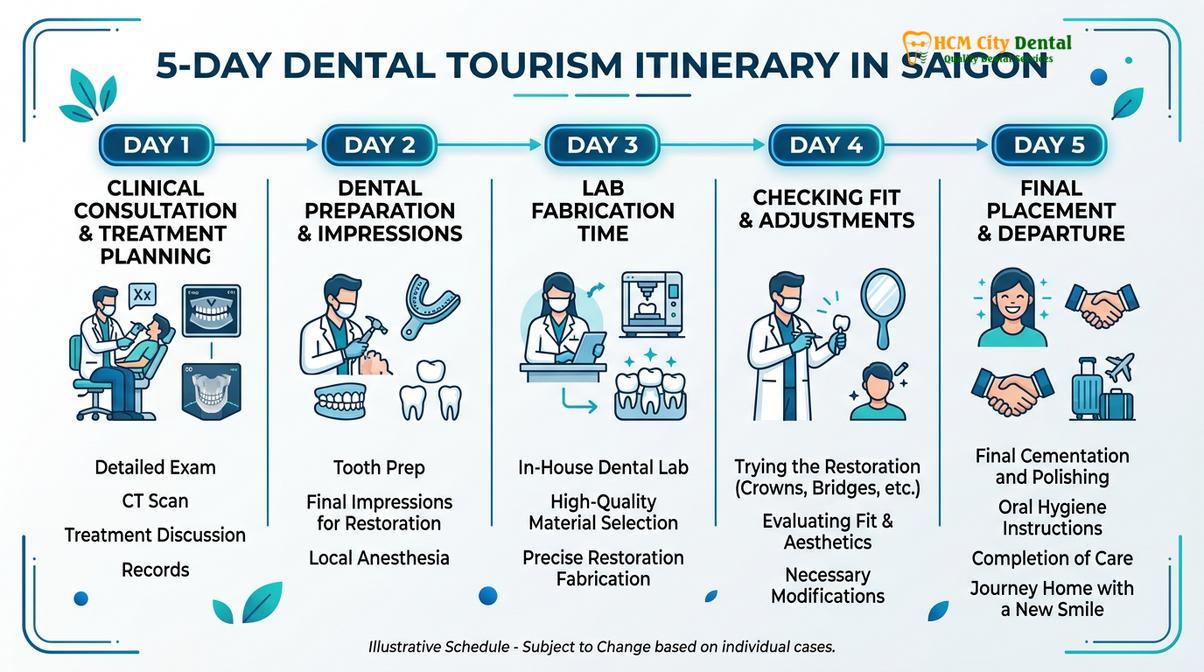 Typical clinical workflow for international patients receiving a full smile makeover.