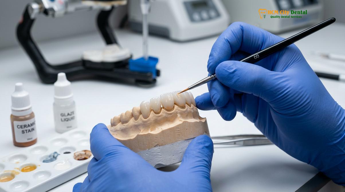 In-house master ceramists crafting custom Emax veneers to ensure natural light reflection and aesthetics.