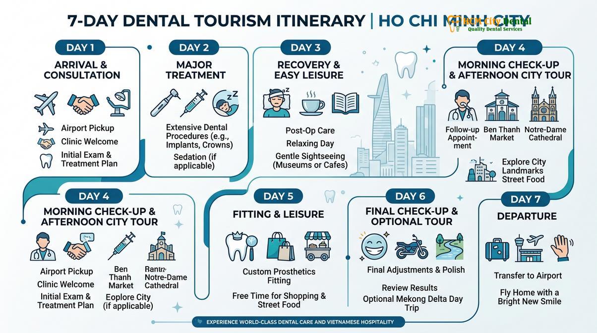 A typical clinical and travel itinerary for international dental patients visiting Vietnam.