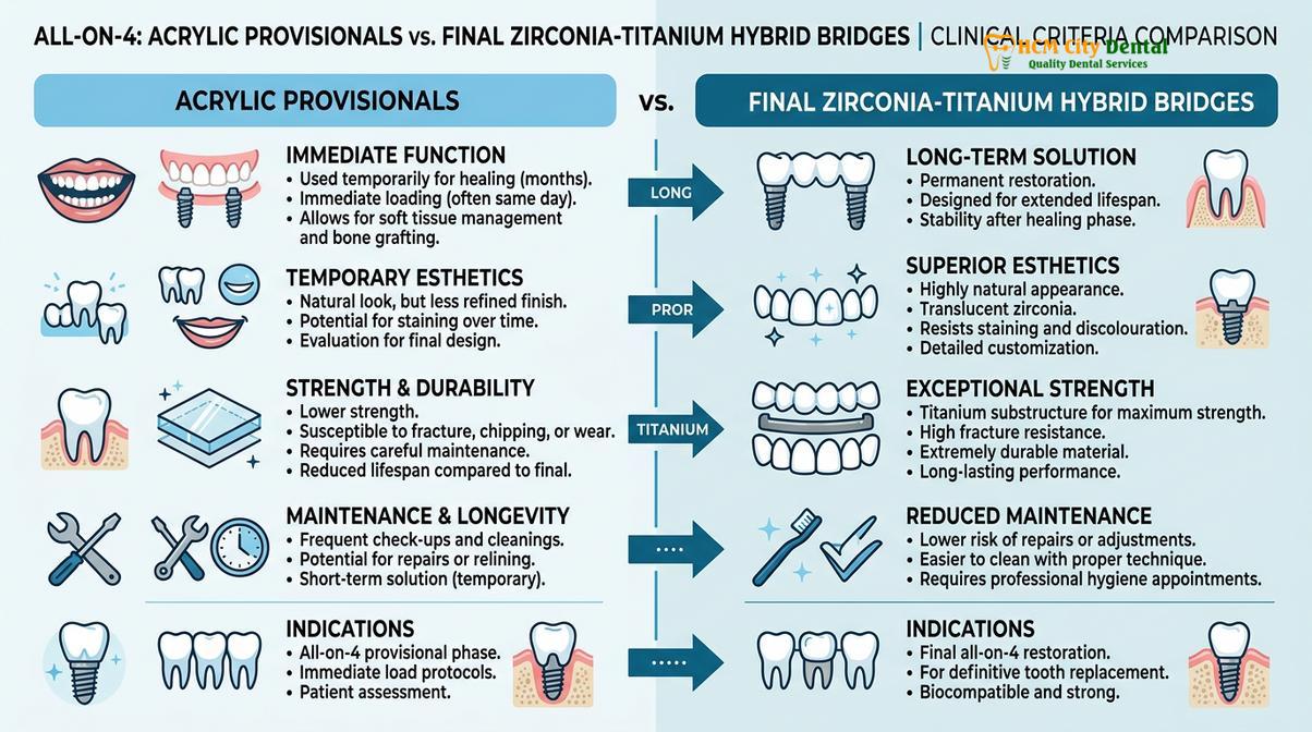 Comparison chart summarizing the transition from provisional to final zirconia prosthesis.