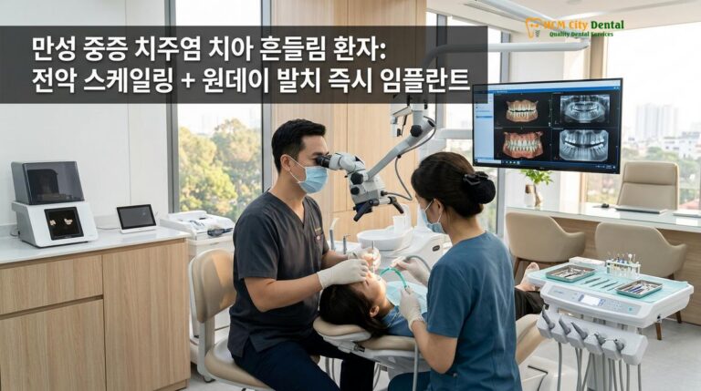 만성 중증 치주염 치아 흔들림 환자: 전악 스케일링 + 원데이 발치 즉시 임플란트 — 닥터 끄엉 원장 | HCMC Dental