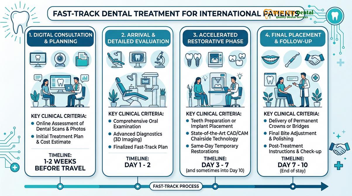 Typical treatment timelines for overseas patients visiting for restorative care.