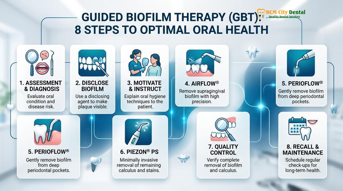 The 8-step Guided Biofilm Therapy (GBT) protocol for optimal oral hygiene.