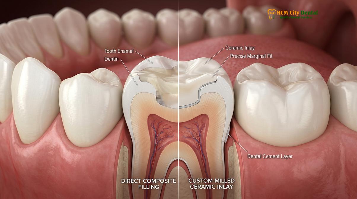 Biomechanical illustration of a ceramic inlay providing structural reinforcement to a compromised molar.