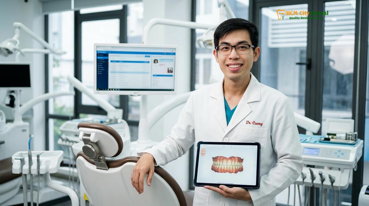 Dr. Nguyen Van Cuong DDS reviewing a patient's digital treatment plan to ensure precise surgical outcomes.