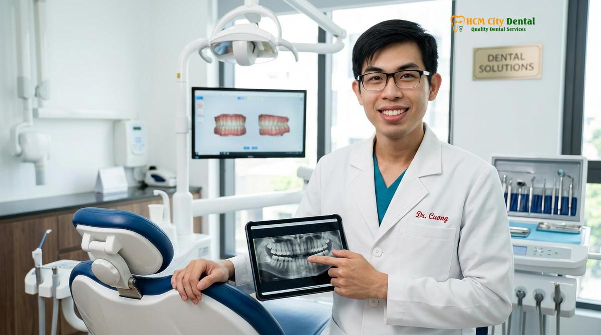 Dr. Nguyen Van Cuong DDS providing a comprehensive consultation at HCMC Dental Clinic.