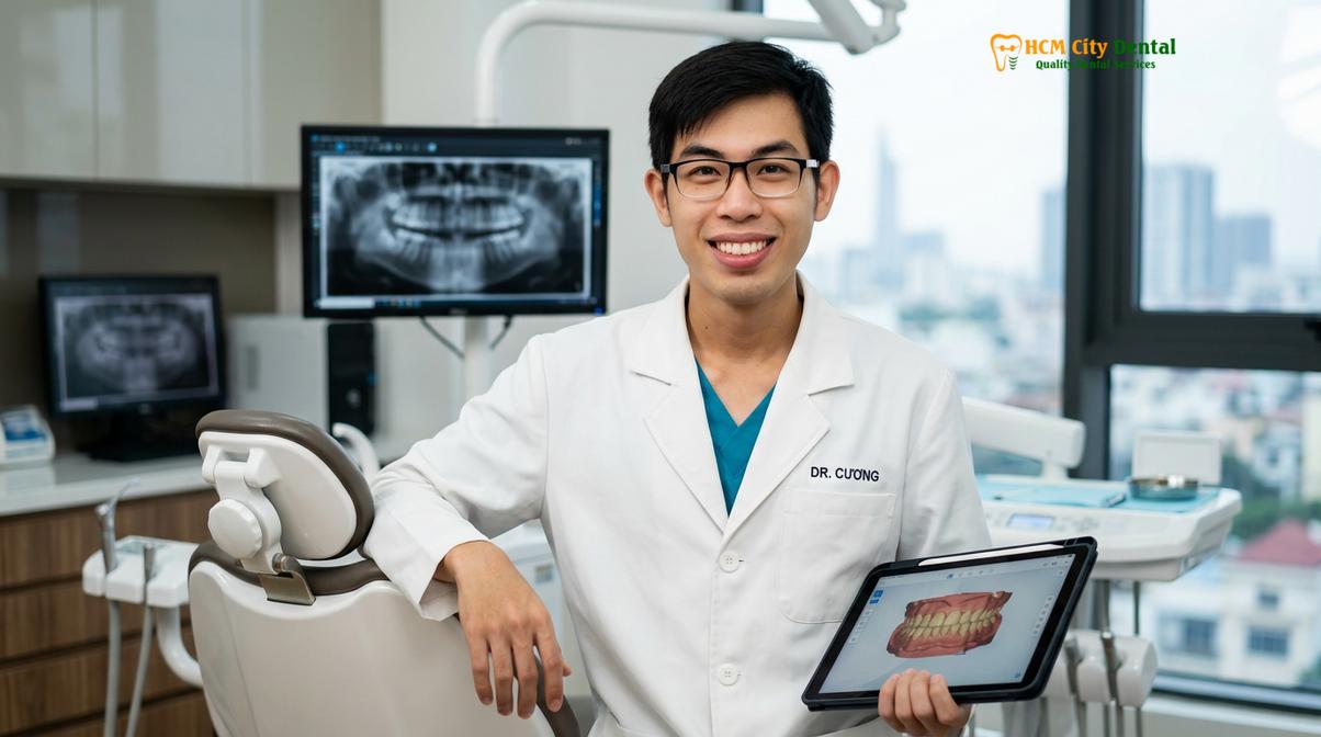 Dr. Nguyen Van Cuong DDS providing a comprehensive consultation at HCMC Dental Clinic.