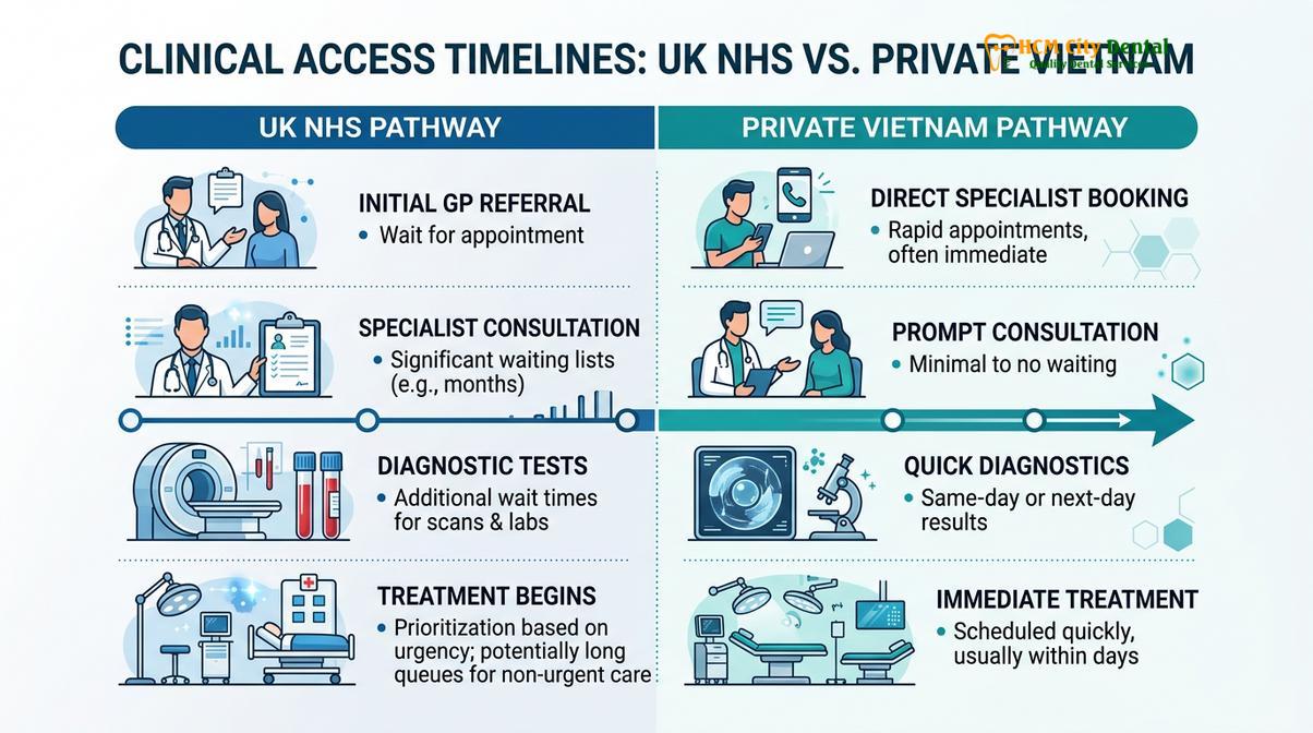 Comparing treatment timelines: NHS waiting lists vs. immediate care.