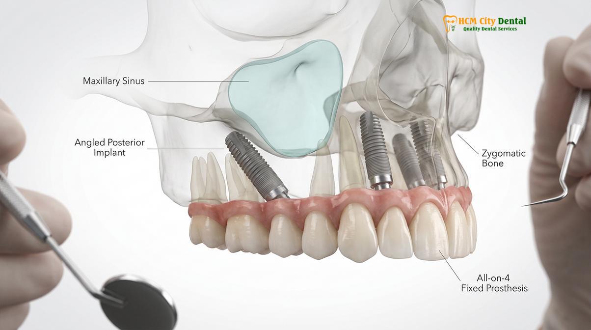 The All-on-4 concept utilizes angled posterior implants to maximize bone contact and often bypass the need for sinus grafting.