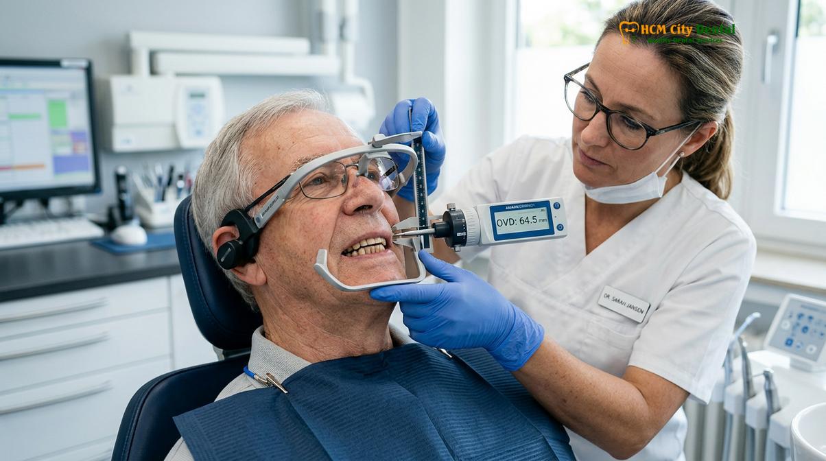 Restoring the correct Occlusal Vertical Dimension (OVD) is critical for both facial aesthetics and TMJ health.
