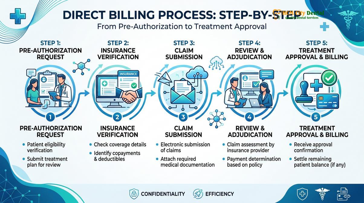 The cashless direct billing workflow transfers the administrative burden from the patient to the clinic.